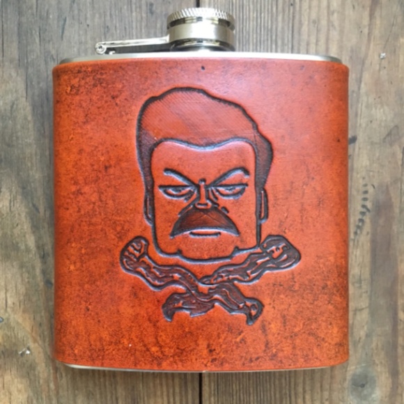 Quiet. Leather Works Other - NEW Ron Swanson Bacon Handmade Leather Flask 6 oz